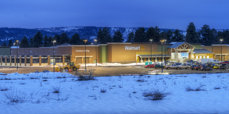 Pagosa Springs Walmart building with snowy surroundings.